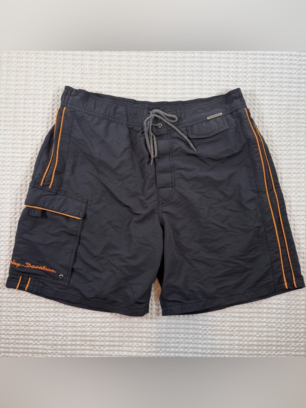 Harley Davidson Swim Trunks Mens Size S Black Orange Board Shorts Cargo